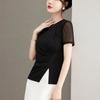 Women's Elegant Black Short Sleeve Top Mesh Patchwork Ruched Side Split Slim Fit Casual Blouse