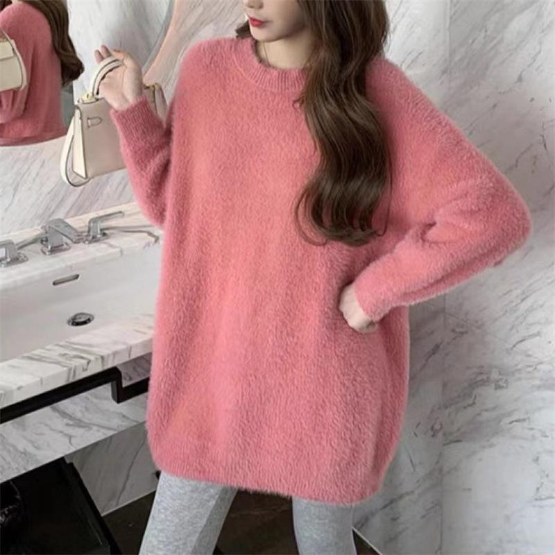 Women's Korean Style Loose Mink Cashmere Pullover Sweater - Candy Color, Thickened, Autumn/Winter Knit