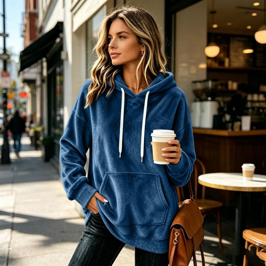 Women's Long Sleeve Flannel Hoodie Color Casual Pullover Top