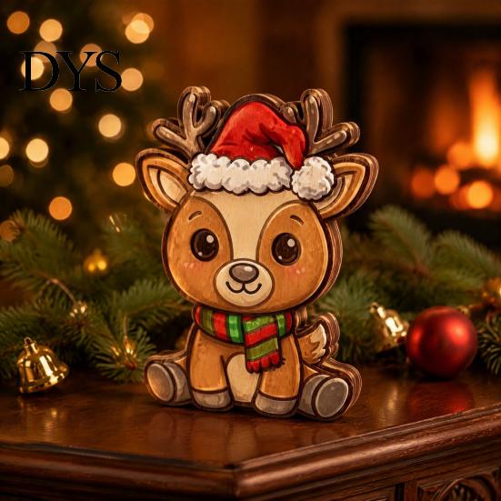 Wooden Christmas Ornaments Elk Figurine with Santa Hat And Scarf, Cartoon Deer Tabletop Decoration Ornament for Holiday Home Party Decor, Stable Base