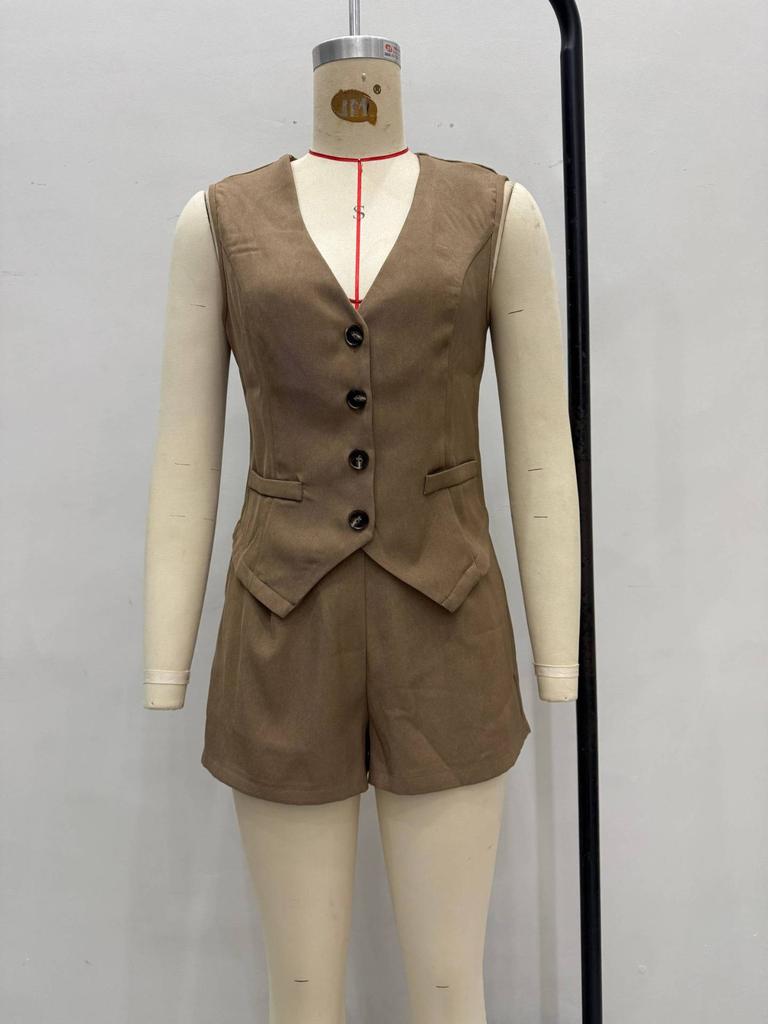 Women'S Summer 2 Piece Solid Color Sleeveless Button Cotton Shirt Shorts Set V-Neck  Top And High Waist Shorts Set