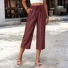 Women Drawstring Waist Loose Fit Cropped Pants with Pockets and Button Detail Casual Straight Leg Trousers