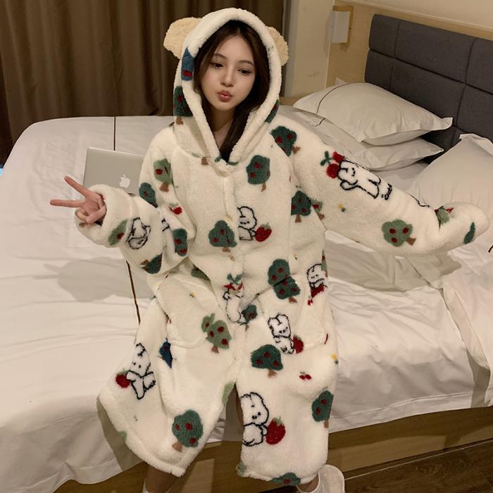 Wintertime Long Sleeve Hooded Thick Warm Flannel Kimono Robes for Women Sexy Bear Cute Bathrobes Sleepwear Nightdress Night Dre