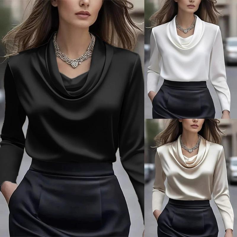 Womens Black Cowl Neck Satin Long Sleeve Blouse