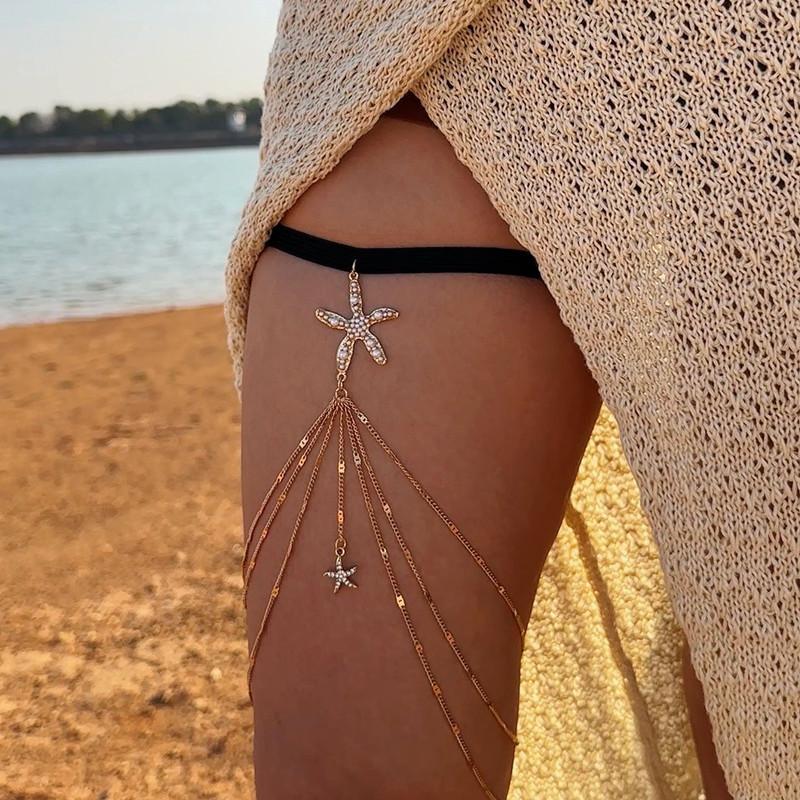 

Fashion Simple Boho Gold Color Starfish Leg Chain For Women Sexy Beach Long Tassel Multilayer Thigh Chain Body Jewelry Gifts
