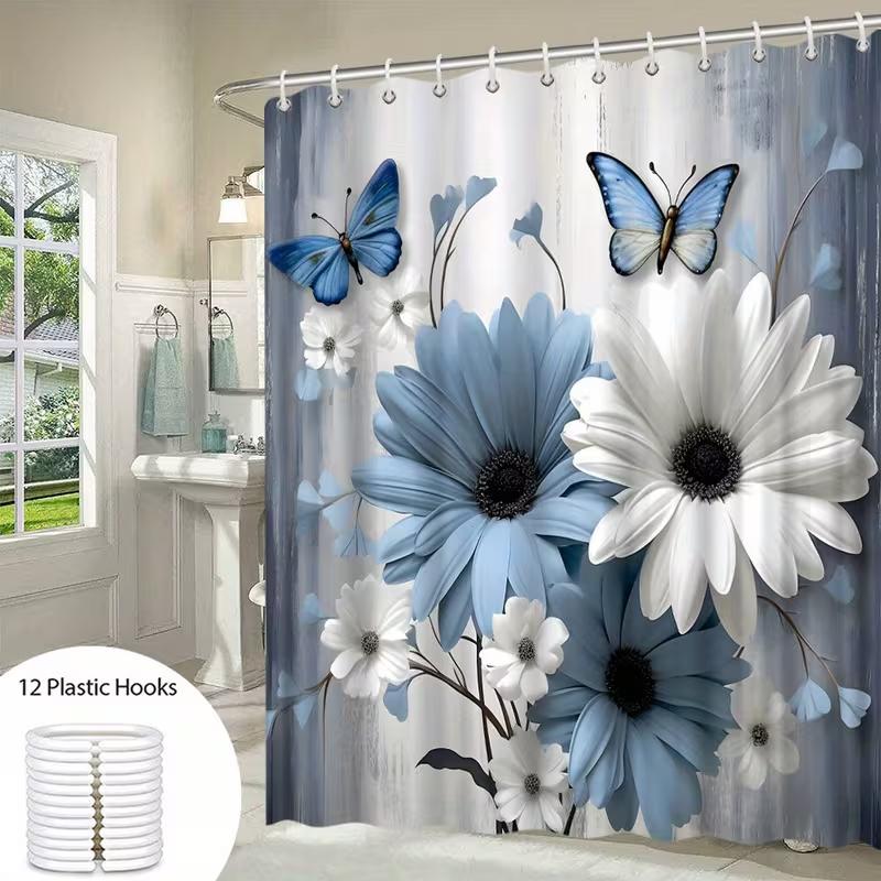 VIKAMA Blue And White Floral Butterfly Shower Curtain, Featuring An Exquisite Nature-Inspired Design With 12 Hooks