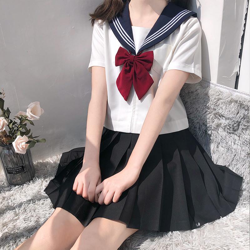 Japanese School Uniform Girl Jk Suit Sexy Spring and Autumn Red Tie White Three Basic Sailor Uniform Women Long Sleeve Suit