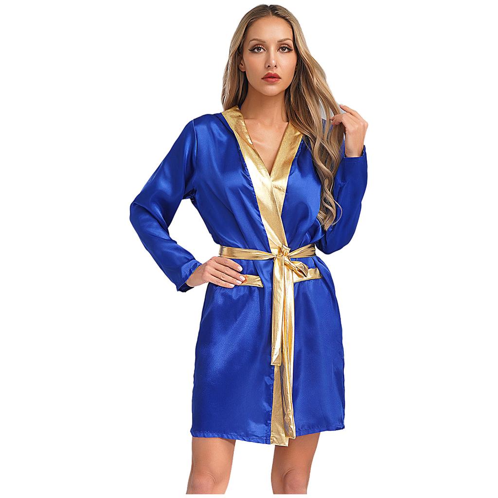 Damen Box Robe Halloween Cosplay Kostüm Langarm Offene Vorderseite Metallische Borte Satin Kapuze Umhang mit Gürtel
