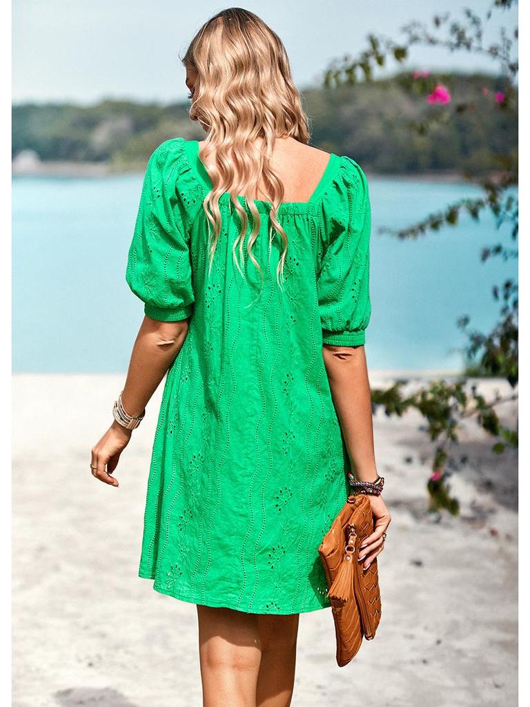 Diyun 2023 Summer European & American Solid Color Square Neck Jacquard Short Dress for Women - Elegant & Hollow Design