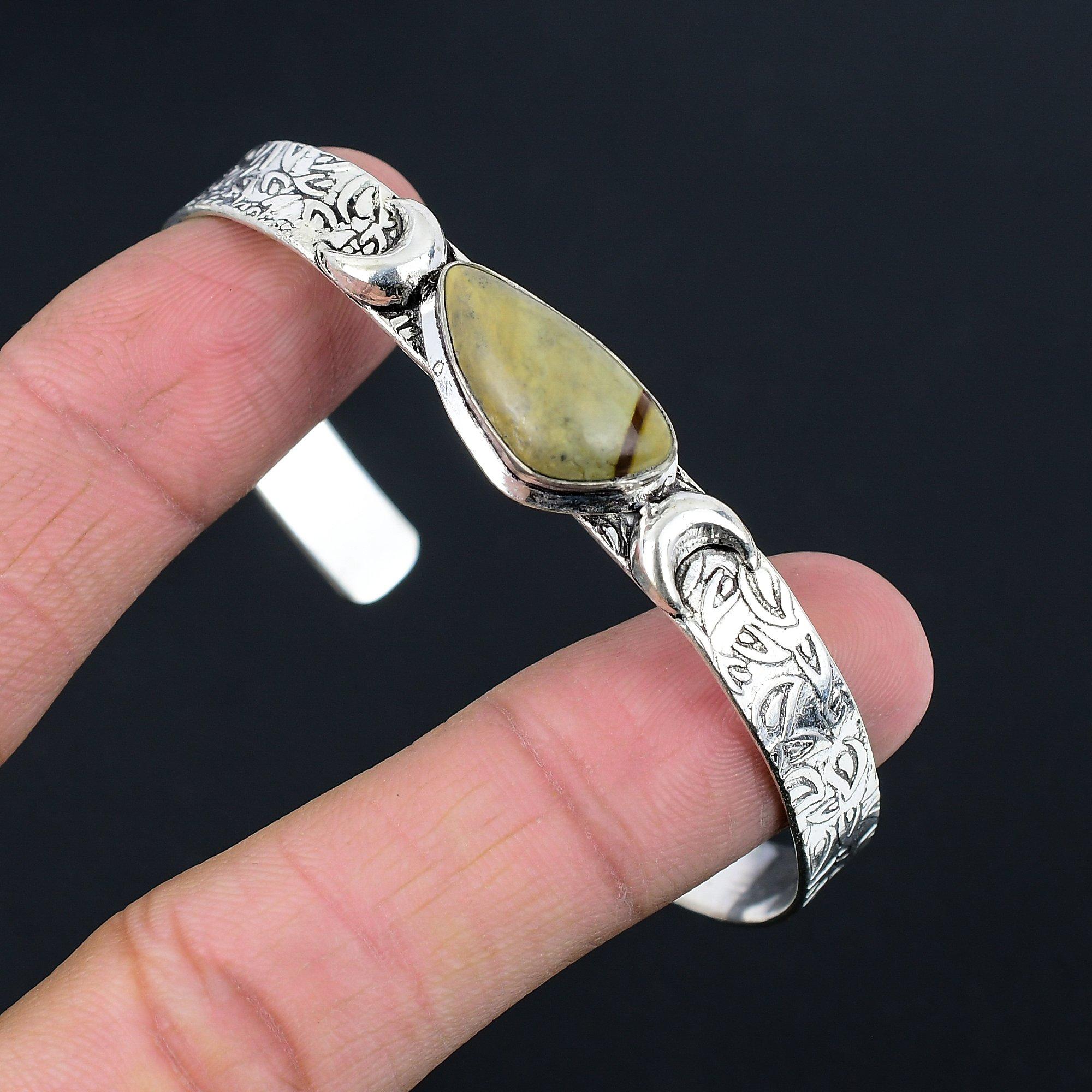 

925 Silver Natural Polychrome Jasper Bangle Crescent Moon Adjustable Adjustable