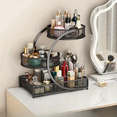Modern Multi-Tiered Varnished Metal Organizer for Makeup and Skincare Storage