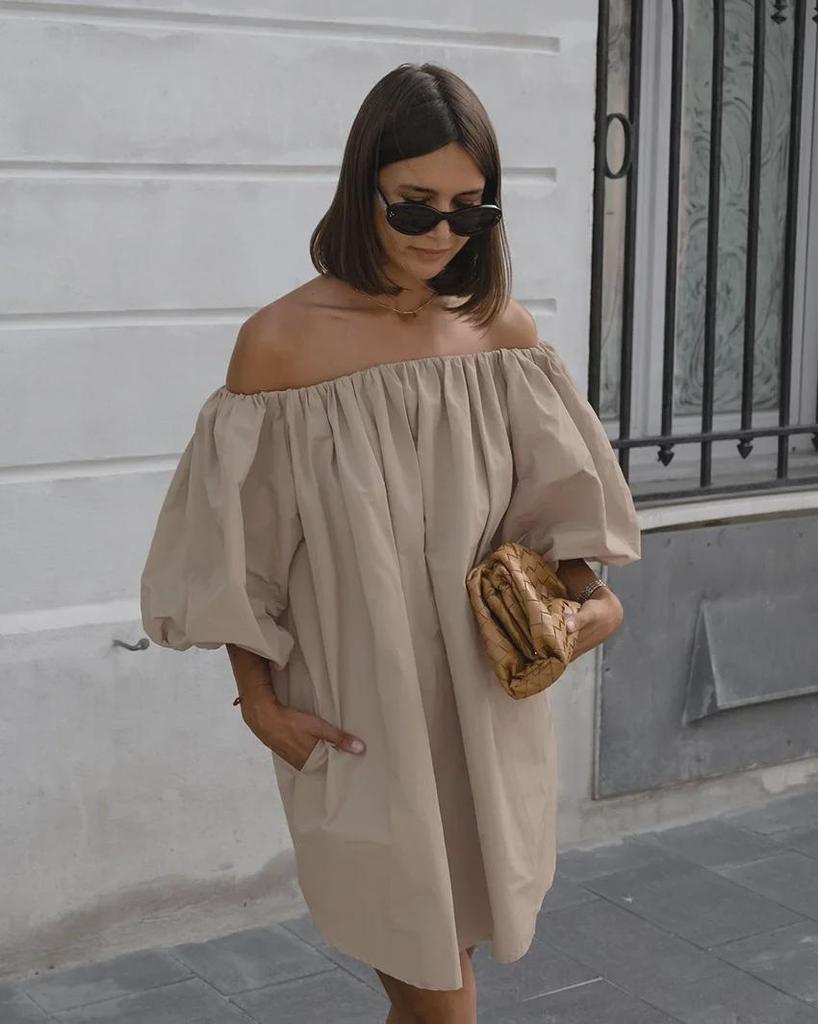 Robe kaki élégante à manches bouffantes et épaules dénudées - Jupe courte tendance printemps/été 2024