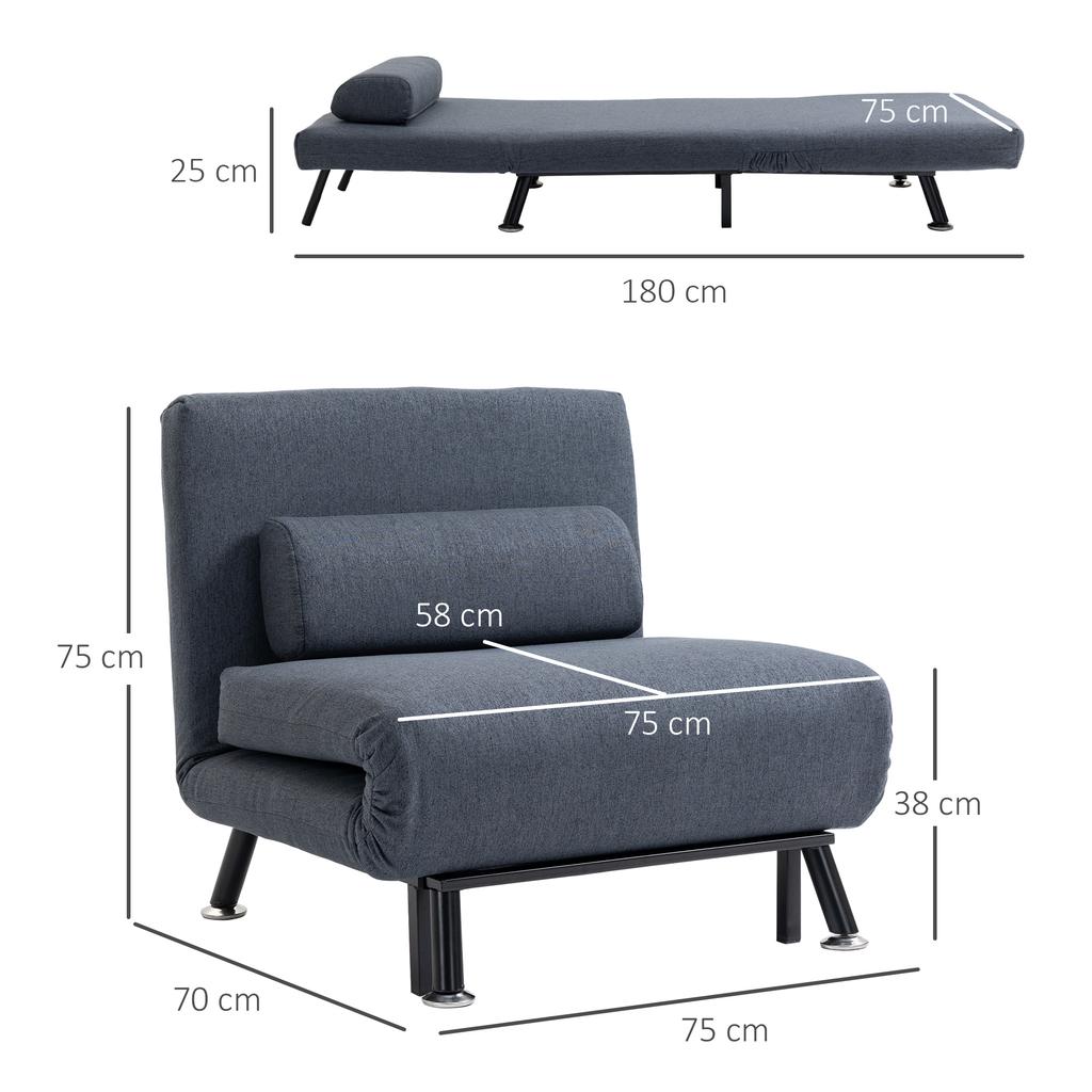 Single Sofa Chair Bed, Linen Fabric 3-in-1 Convertible Sleeper Chair with 5-Position Adjustable Backrest, 75cm Wide Seat, Pillow for Living Room