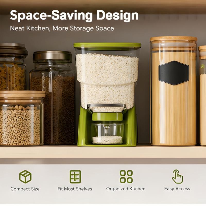 ABS Rice Storage Container with Press Section, Clear Bin and Removable Cup for Countertop Kitchen and Cabinet Access