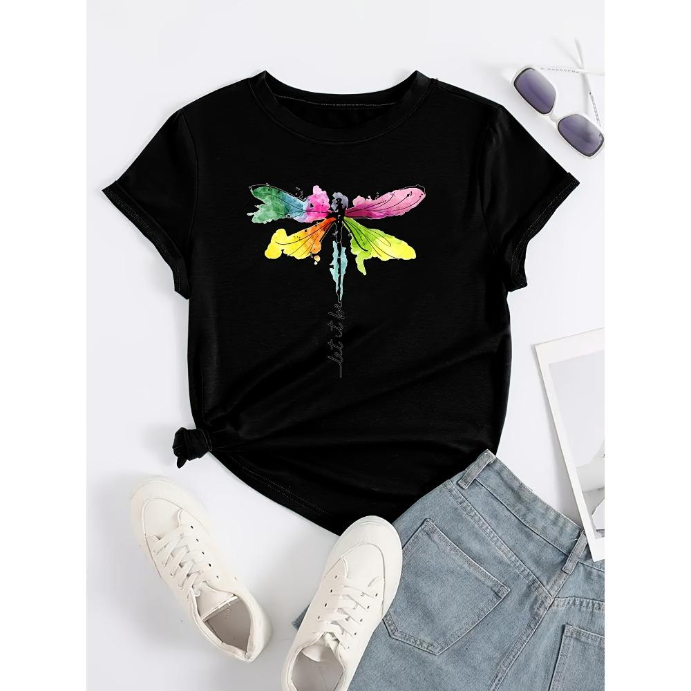 Dragonfly Print Round Neck T-shirt Casual Short Sleeved T-shirt
