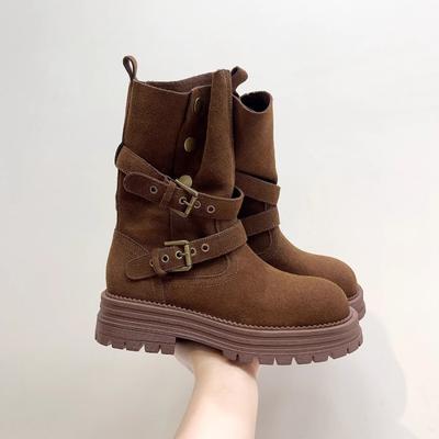 Autumn New Retro Wind Matte Leather Rivet Belt Buckle Two Wear Medium Boots Women's Thick Heel Thick-soled Martin Boots