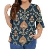 Women's Fashion Casual Retro Printed V-Neck Seven-Point Sleeve Ruffle Sleeve T-Shirt Tops Plus Size Women's