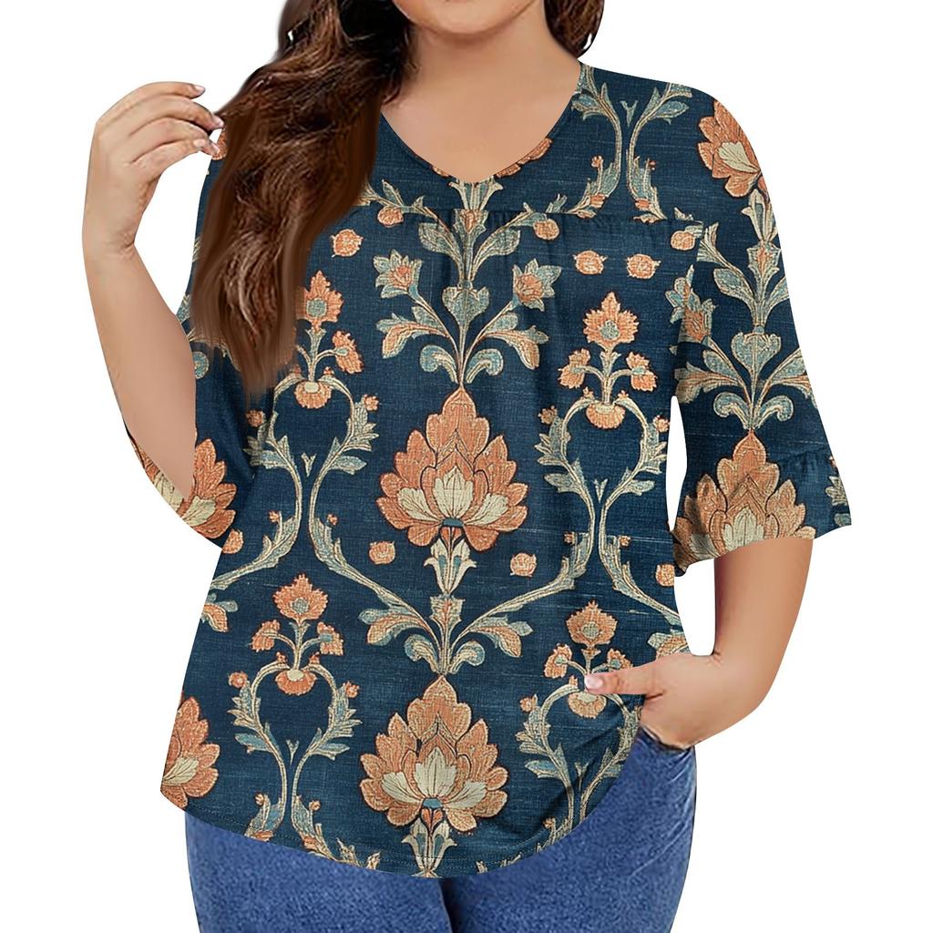 Women's Fashion Casual Retro Printed V-Neck Seven-Point Sleeve Ruffle Sleeve T-Shirt Tops Plus Size Women's