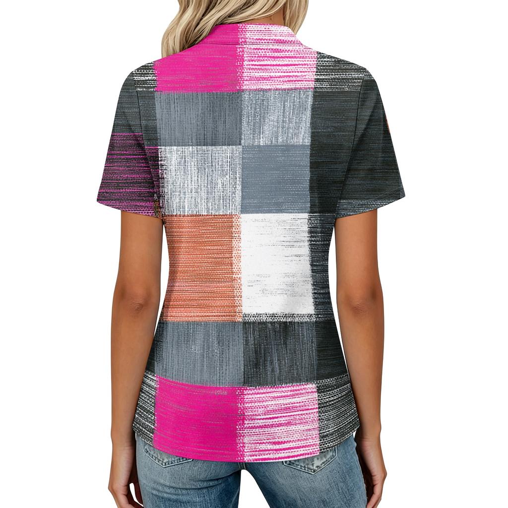 Women Casual Polo Shirt Short Sleeve Loose Fit Button Down Plaid Pattern Lightweight Top for Everyday Wear