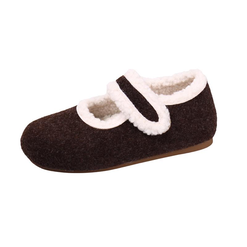 Comfortable Women's Furry Mary Jane Shoes for Autumn/Winter - Versatile, Solid Color, Cotton-Enhanced, Ideal for Home, Outdoor, and Commuting.