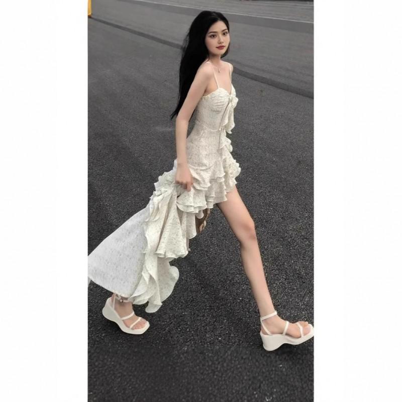 French Temperament Suspender Dress Fairy Seaside Vacation Women Irregular Ruffled Long