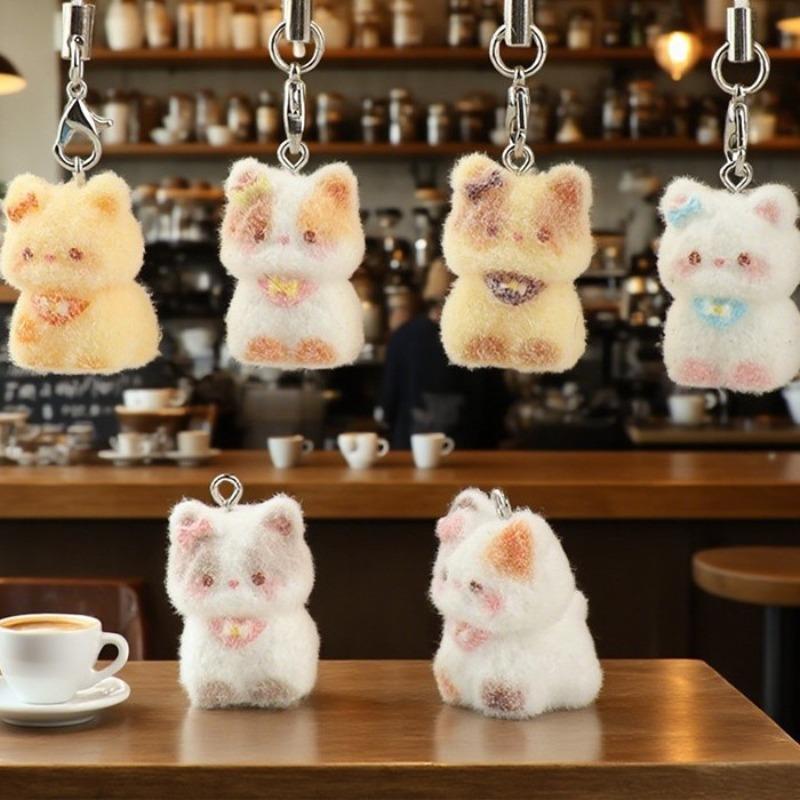 Kawaii Plush Cute Cat Keychain Flocking Animal Pendant Phone Lanyard Hanging Keycord Charm Key Chains DIY Accessories Girl Gifts