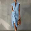 Women Stand Collar Sleeveless Dress Deep V Neck Side Slit Tunic Dress Casual Vacation Long Dress with Pockets