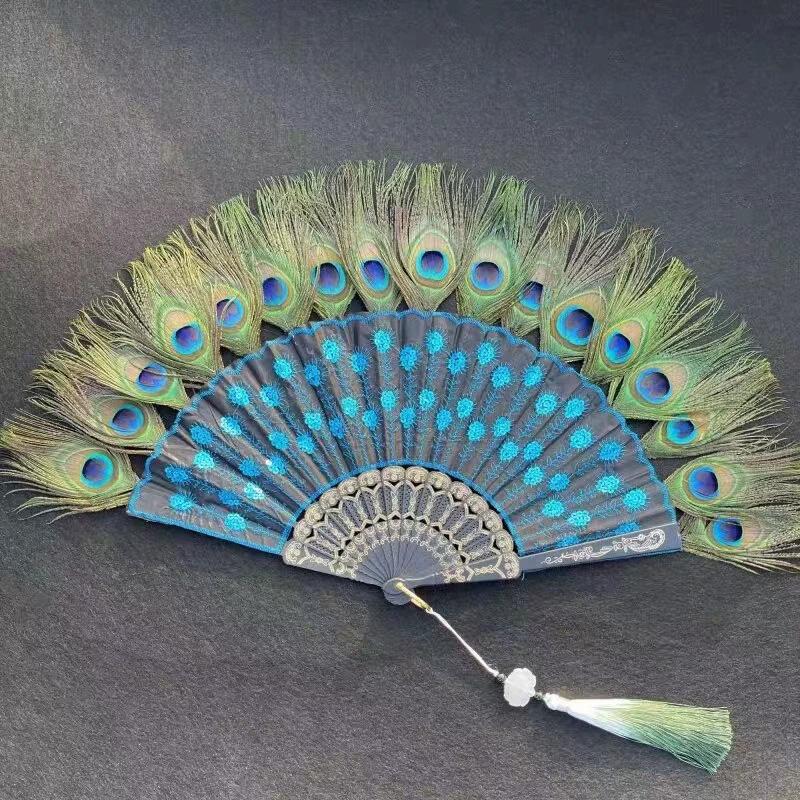 1PC Folding Fan Colorful Peacock Feather Home Decoration Embroidery Sequin High Quality Dance Hand Fans
