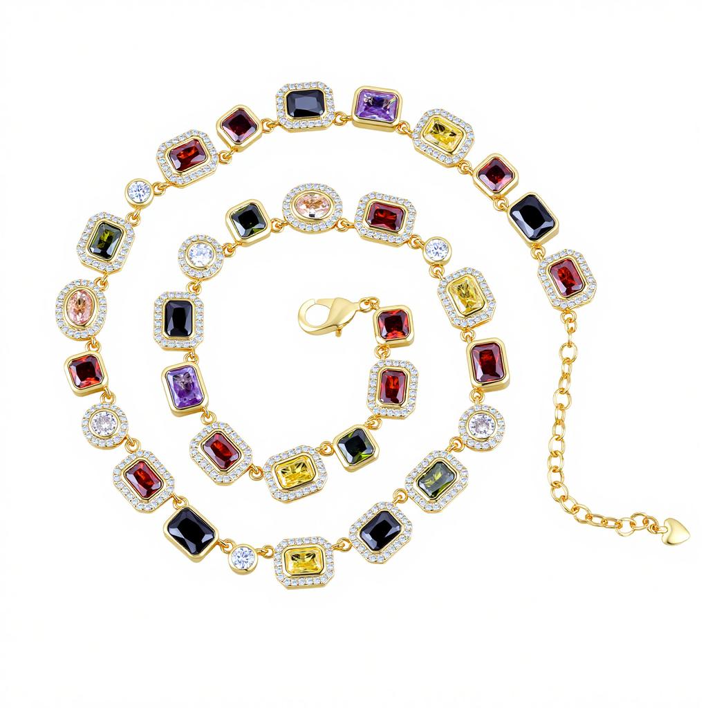 Hip Hop Colored Gems Ladies Necklace Jewelry Multi-Colored Enamel Pearlescent Zircon Stone Ice Chain Necklace