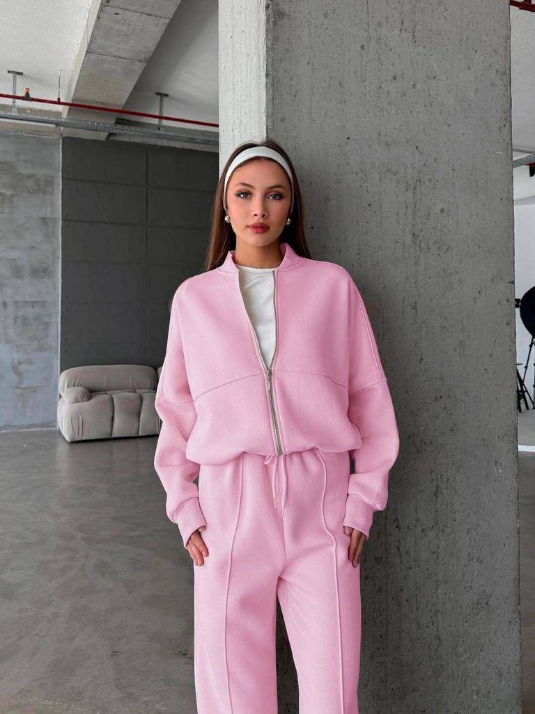 2025 Winter Plus Velvet Women's Solid Color Hoodie & Pants Set - Japanese Korean Casual Style
