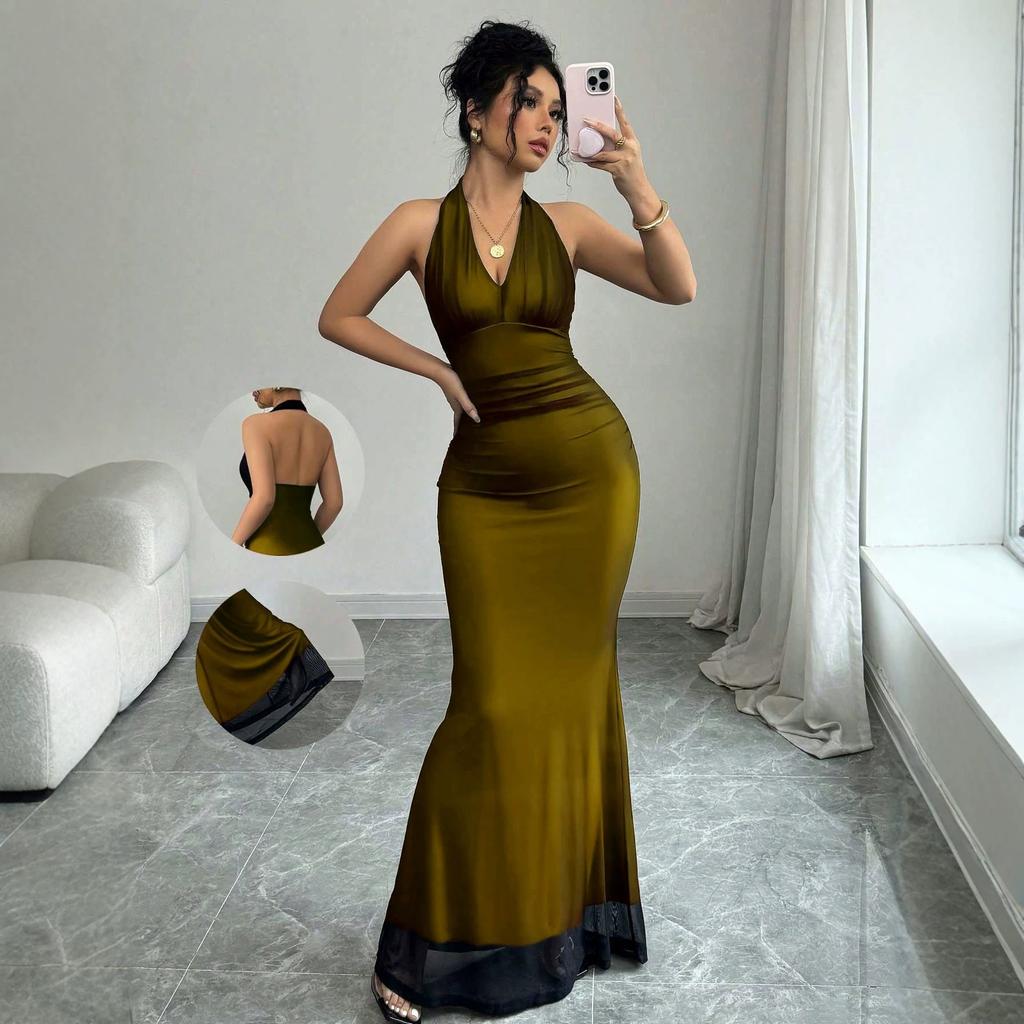 New hot-selling long backless mesh pullover V-neck women's dress dress new