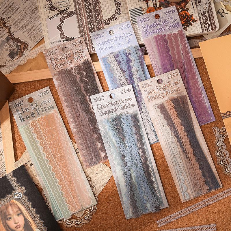 ZABC PET Stickers: Bud Dream Yarn Series - Retro Lace Diary Decor, 40 Sheets, 6 Designs