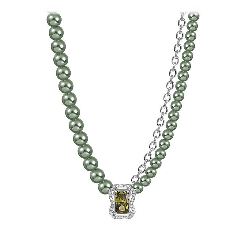 

The same design sense green pearl necklace women s simple square gemstone simple niche collarbone chain accessories
