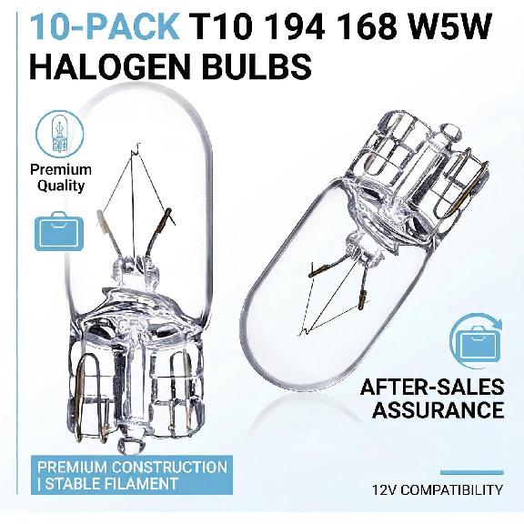 194 Bulb,168Bulb,T10 Light Bulb W5W 1/4 Wedge Base 12V 5W Side Marker Light Bulb Compatible for T10 194 2825 License Plate 168 W5W Car Lights. (10,