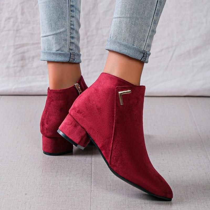 New Large-sized Single Boots, Short Boots, Mid-heel, Thick-heel, Side Zipper Women's Shoes