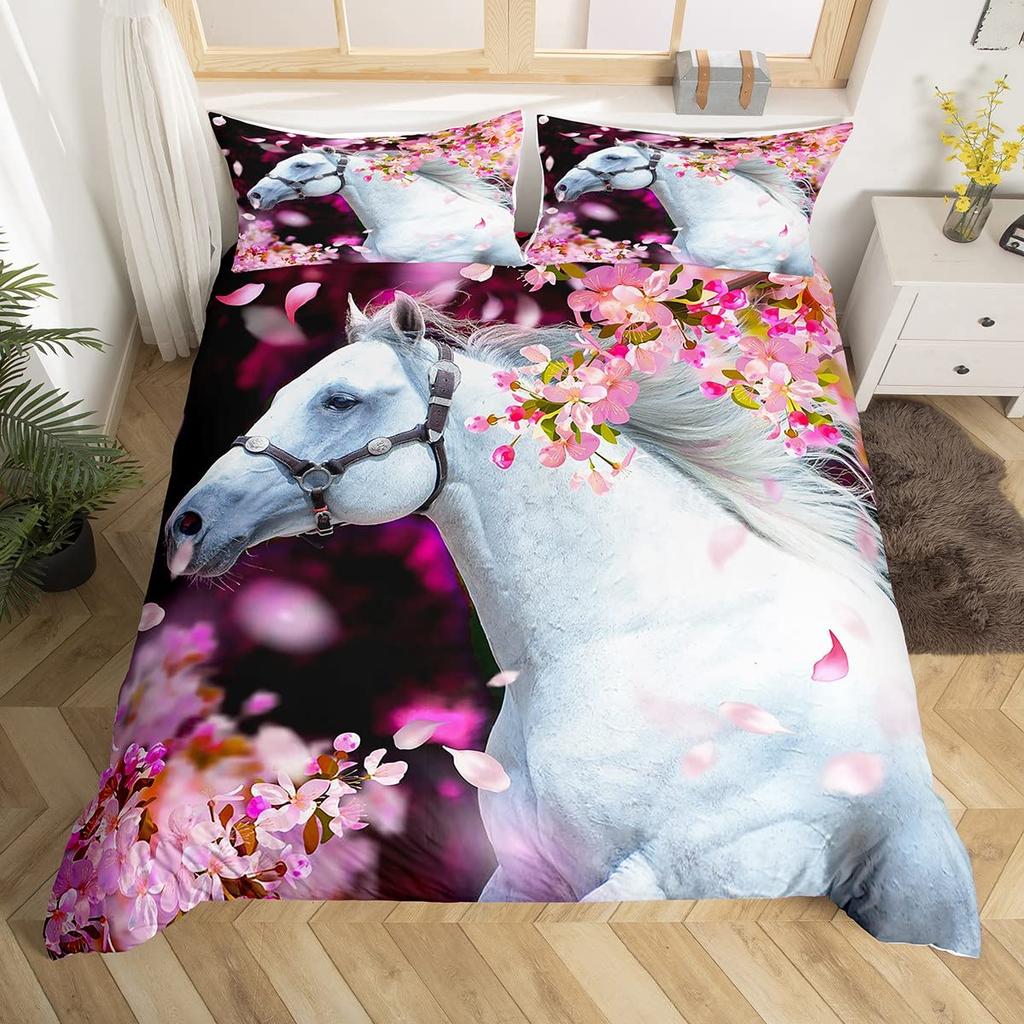 White Horse Pink Cherry Blossom King Full Bedding Set Watercolor Floral Duvet Cover Animal Quilt Cover Polyester Comforter Cover