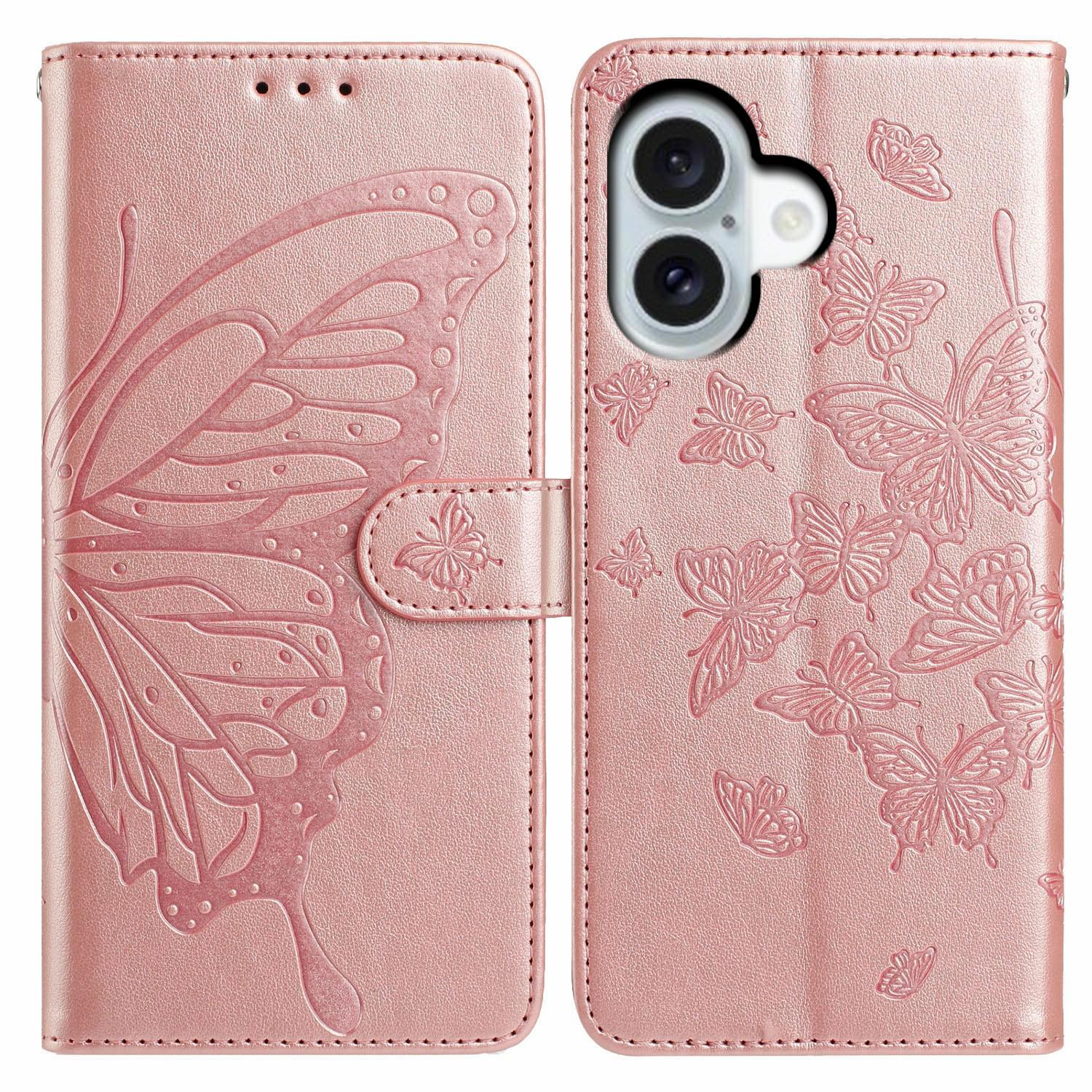 

For iPhone 17 Case Butterfly Imprinted Wallet Stand PU Leather Flip Phone Cover with Strap Rose Gold