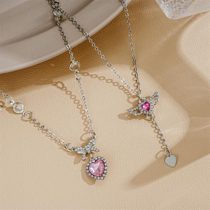 2pcs/set Zircon Heart Pendant Necklace Crystal Angel Wing Collarbone Chain for Women Girl Aesthetic Jewelry Long Chain