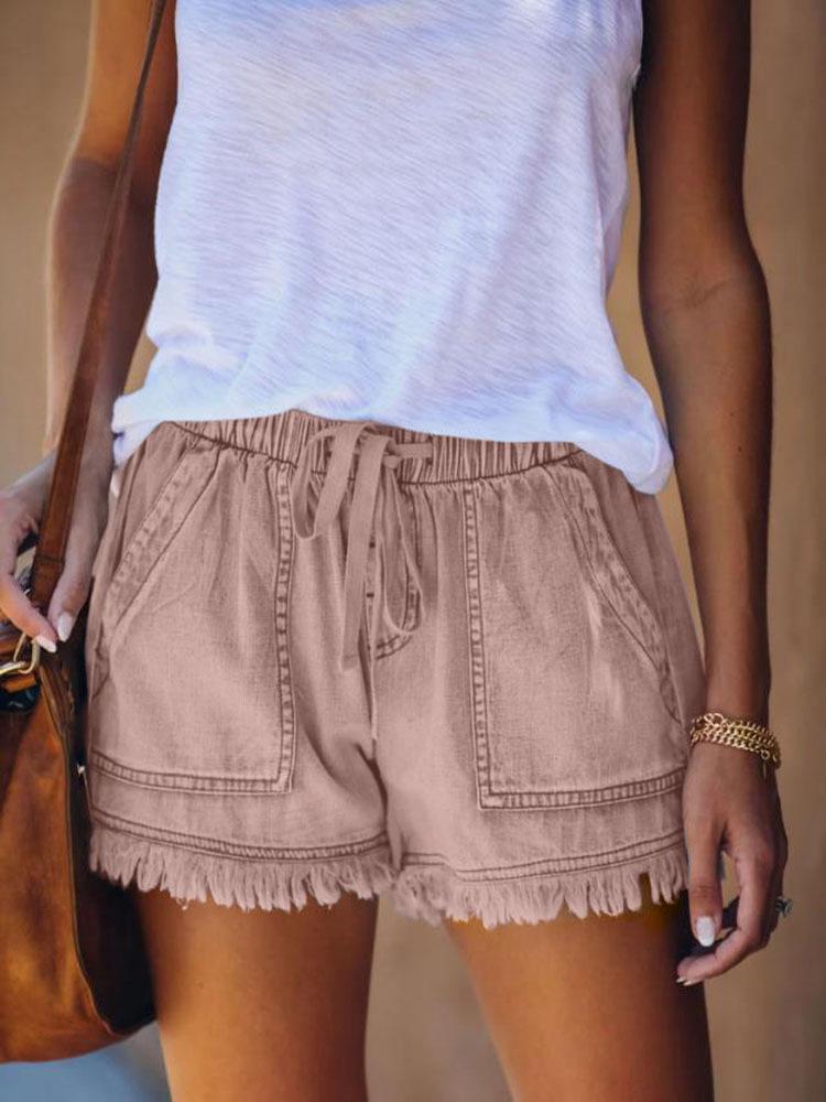 Tassel Elastic Waist Mid-Rise Denim Cotton Women's Shorts