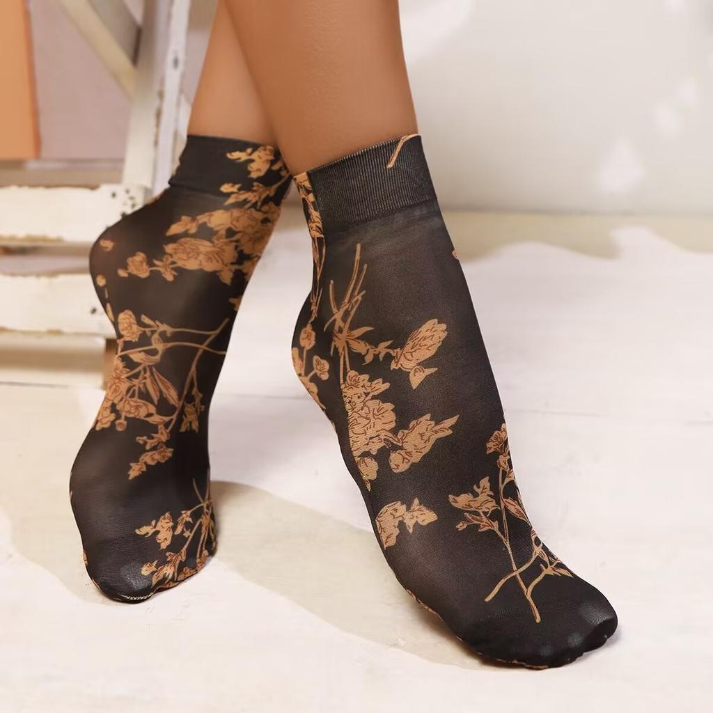 Leopard Large Flower Print Short Socks Summer Single Shoes Short Stockings High Elastic Comfortable Breathable Ultra-thin