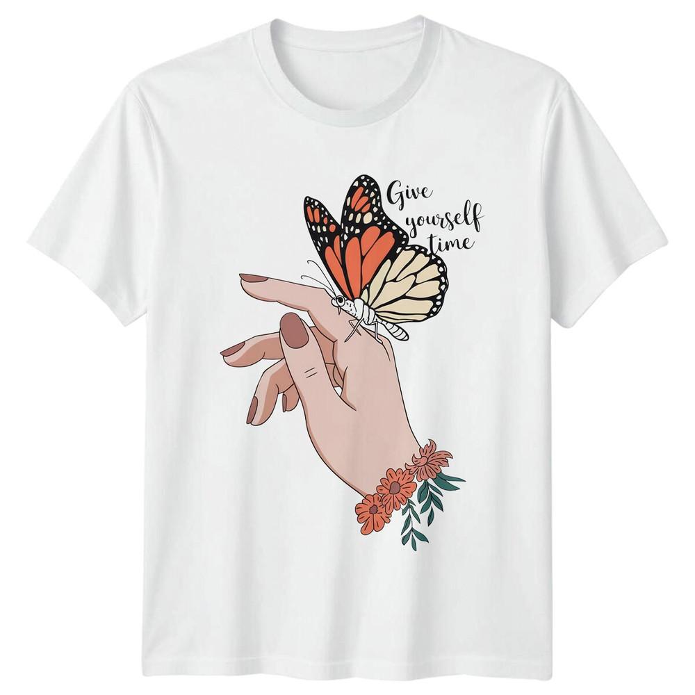 Butterfly On Hand Give Yourself Time Nature Graphic TShirt S