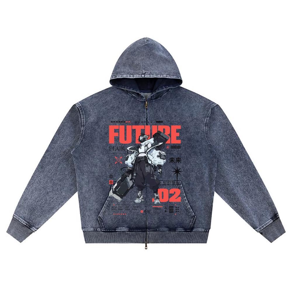 DTG Print Knitted Denim Zip-Up Hoodie Future Flare Brother Print Zipper Hoodies  