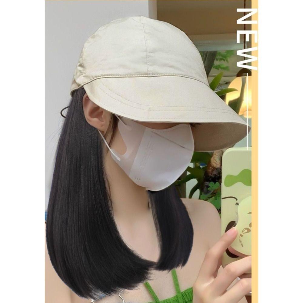 Wide Brim Fisherman Hat with Wig Sunscreen Short Straight Hair Casual Women Sun Cap Wig  Outdoor