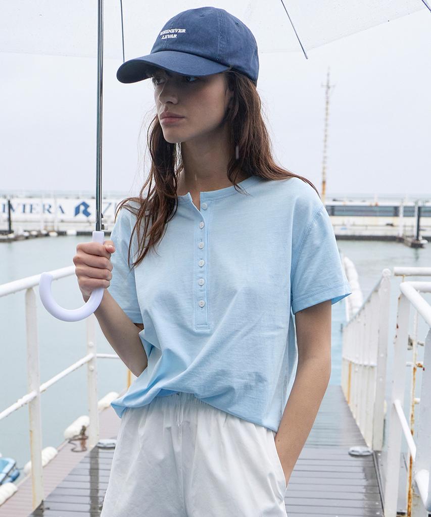 Leuba Henley Neck Cotton T-Shirt - Bliss Skyblue
