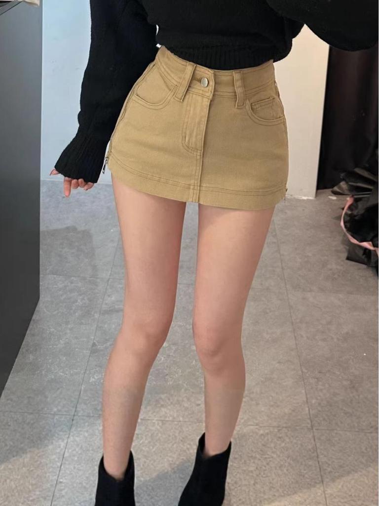 Women's Summer High Waist A-line Denim Skort with Side Zipper - Slimming and Hip-Hugging Design