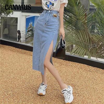 Sommerlicher, seitlich geteilter Denim-Halbkörperrock für Damen mit hoher Taille und dünnem Hüftpaket in mittlerer Länge