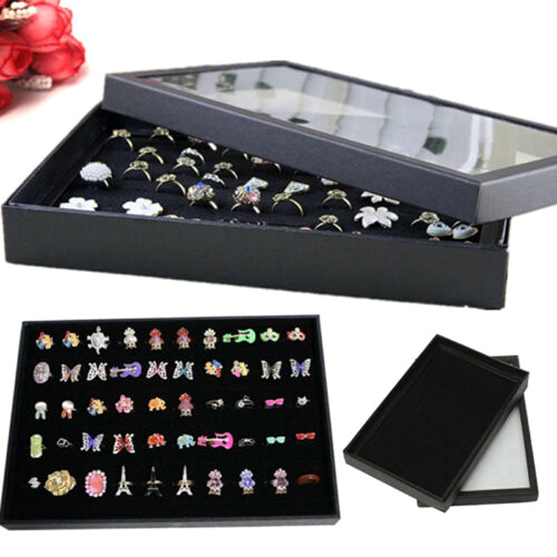 100 Ring Lady Jewelry Display Storage Box Case Tray Show Organiser Holder Black#
