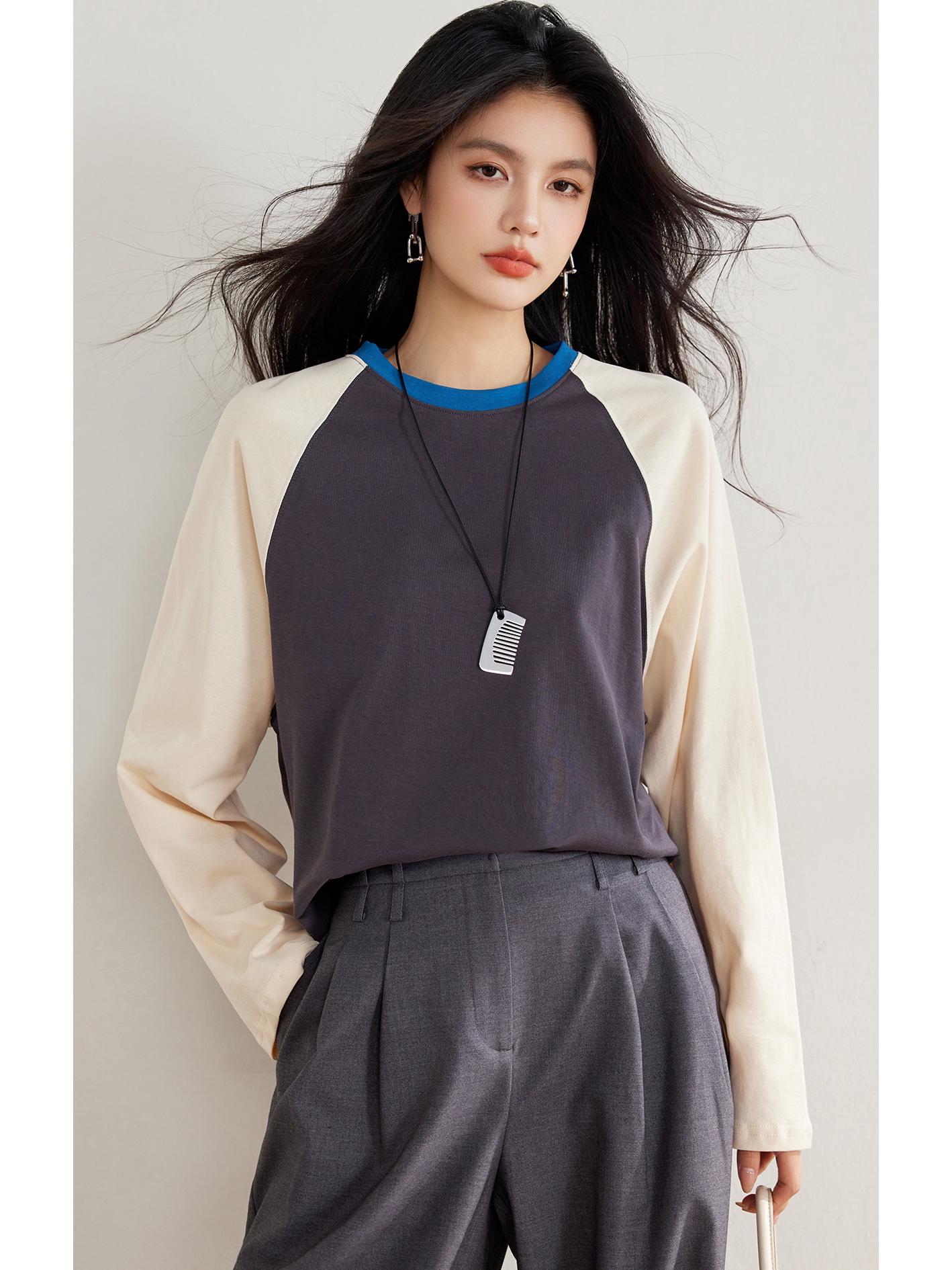 

Women s Autumn Gray Color Block Layered Long Sleeve Casual Loose T-Shirt Medium