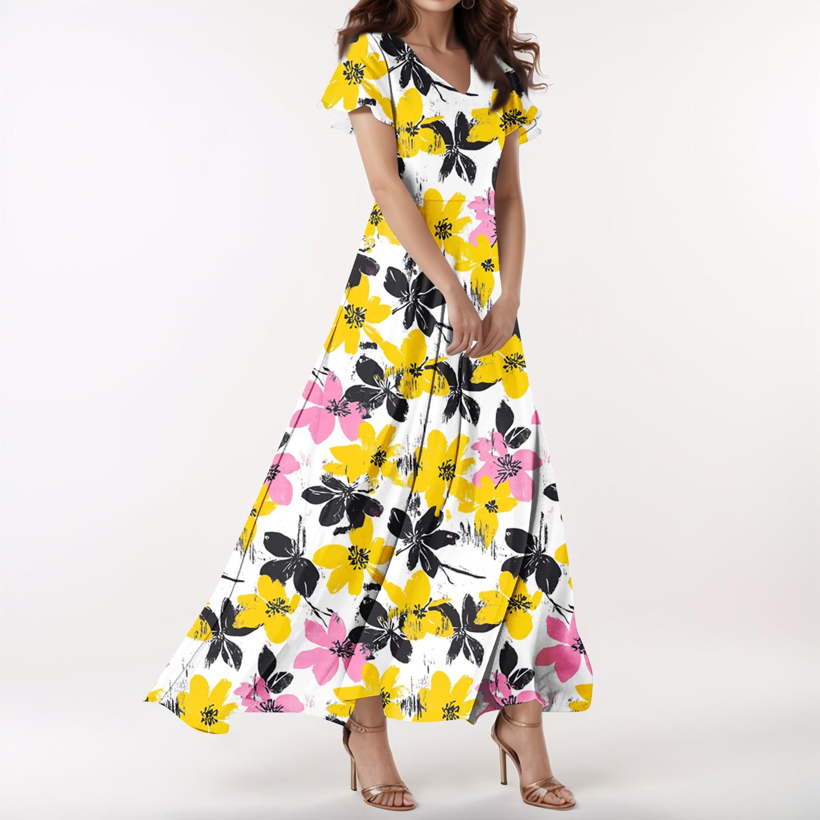 

Женское повседневное платье с V-образным вырезом, коротким рукавом, высокой талией и принтом в виде цветов и листьев в стиле ретро XL жёлтый