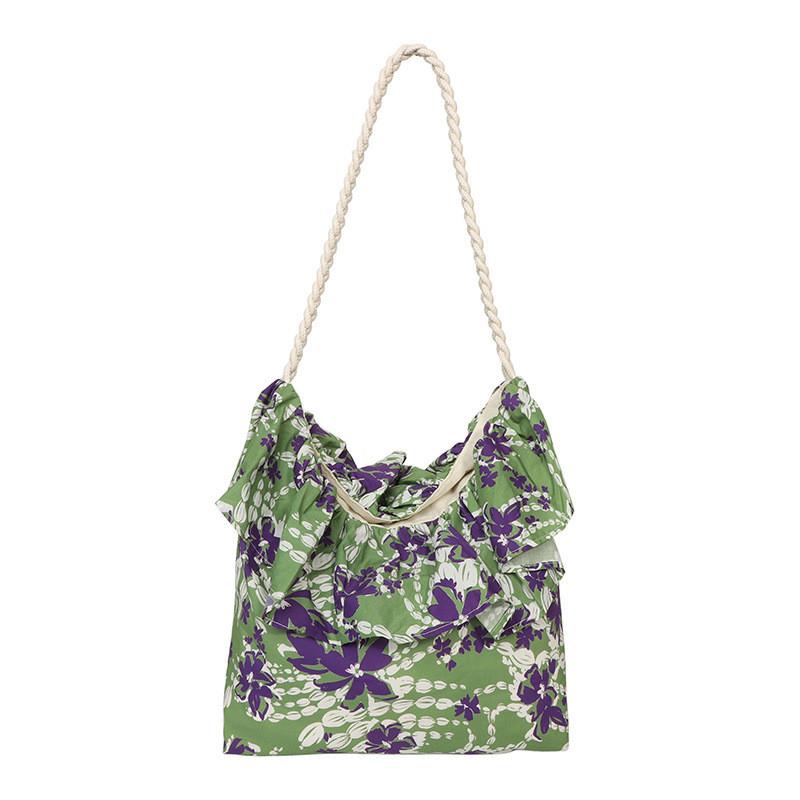 Casual Tote Bag With Floral Print And Ruffle Edges For Beach And Day Trips